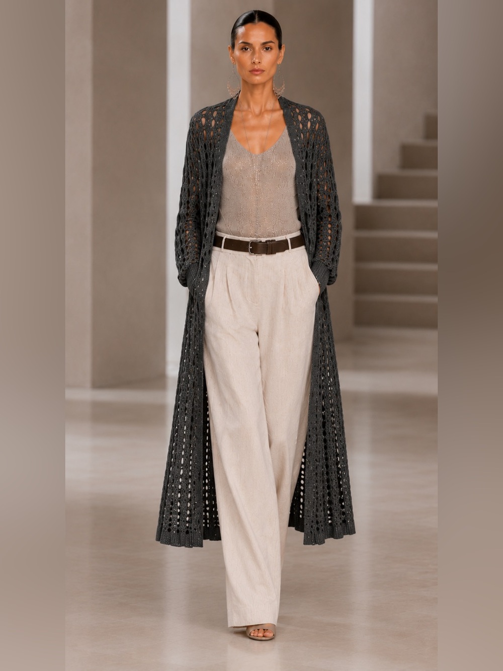 Brunello Cucinelli Dark Charcoal  Sequin Linen Blend Duster Cardigan  Sz L NWT